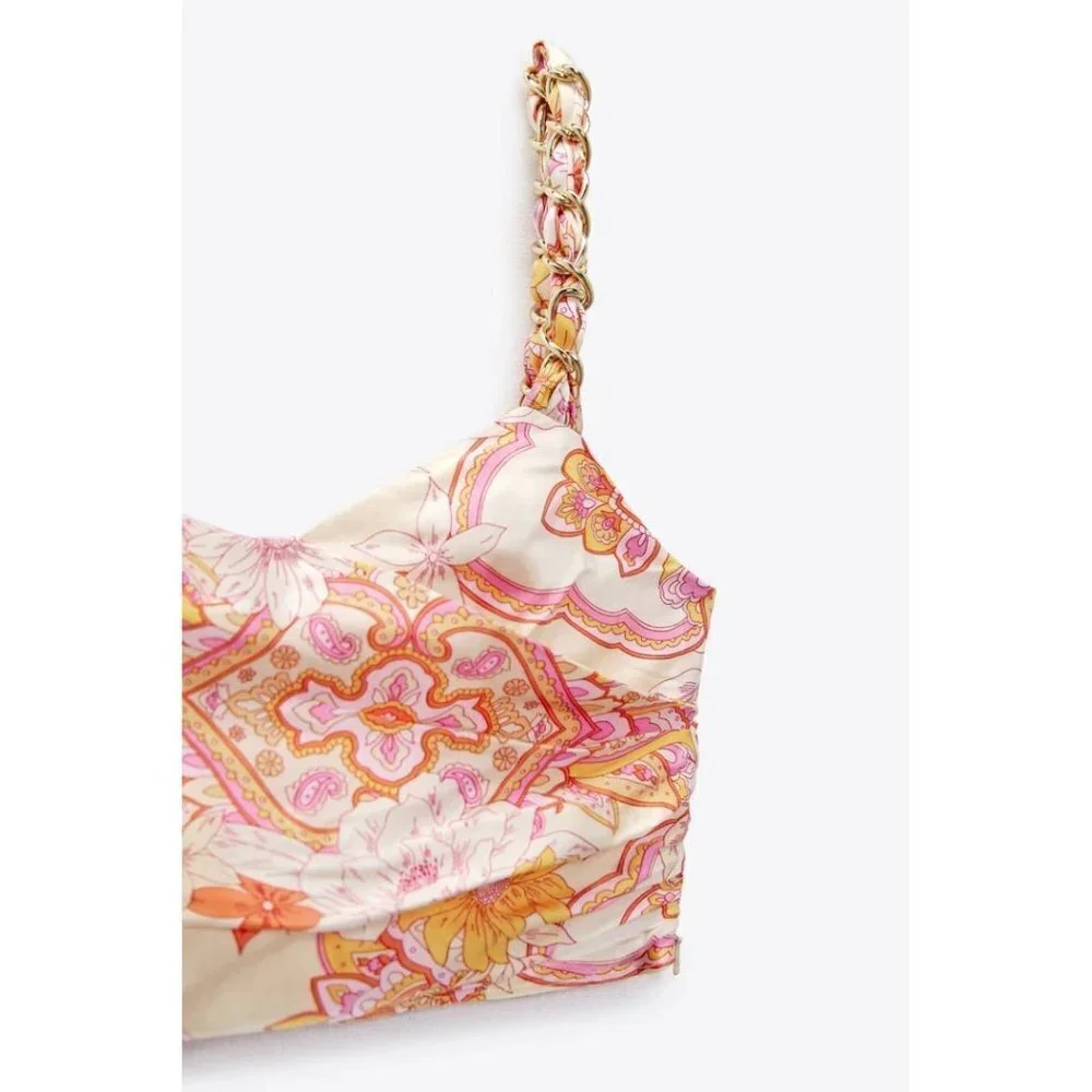 NWOT Zara pink champagne floral printed crop top with chain detail, S - Picture 5 of 10